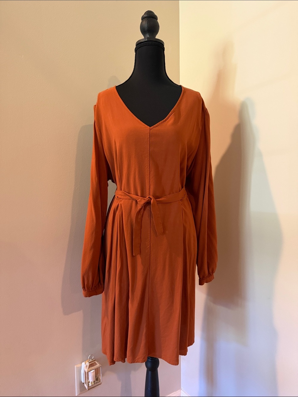 Nine West Rust Long-Sleeve V-Neck Belted Dress